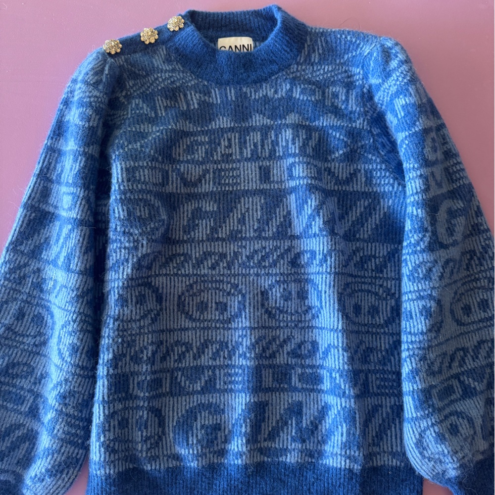 Ganni Blue Crewneck Sweater with logo pattern